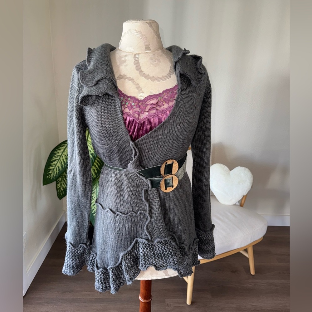 Boston Proper Asymmetrical Crochet Boho Gray Knit Ruffled Belted Cardigan Sz XS - Picture 2 of 16